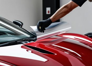 paint protection film being installed by a man on a car